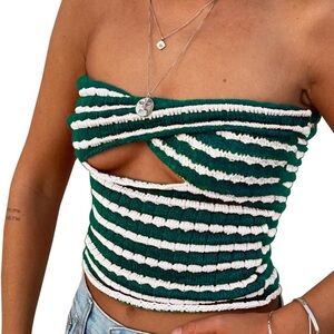 Women Twist Front Striped Cutout Knitted Crop Tube Top Strapless Bandeau